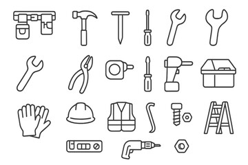 Construction Tools Icons. Line style icons of construction site tools: Toolbelt, Hammer, Nail, Screwdriver, Wrench, Pliers, Tape