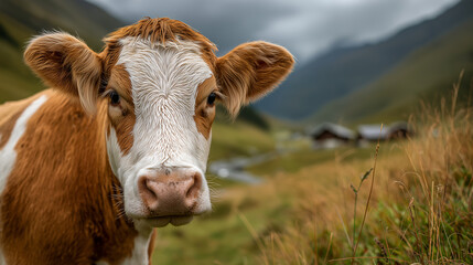 A curious brown and white cow gazes into the camera, surrounded by lush green grass and distant, rustic farmhouses under a cloudy sky.