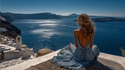 A serene scene featuring a woman in a flowing blue dress, gazing at the vast blue sea and cliffs of Santorini under a clear sky.