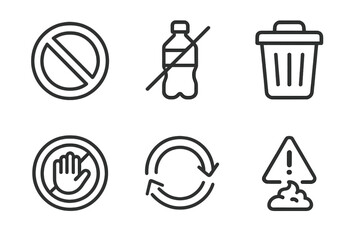 Anti-Waste Line Icons. Line vector icons of anti-waste concept: prohibition circle, crossed plastic bottle, discard bin, stop