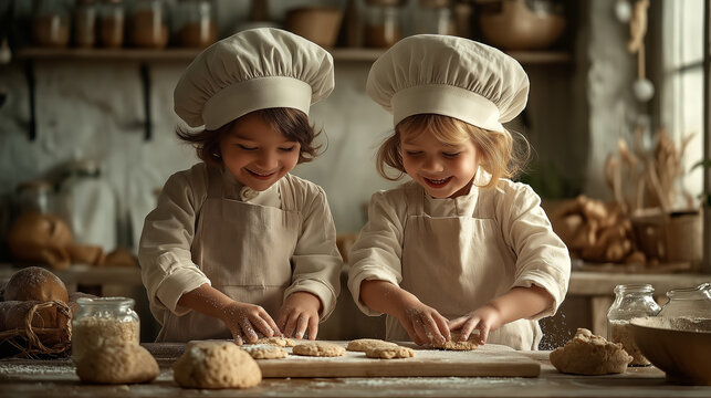 Two joyful children, clad in chef hats and aprons, happily bake together, surrounded by flour and dough in a cozy, rustic kitchen.