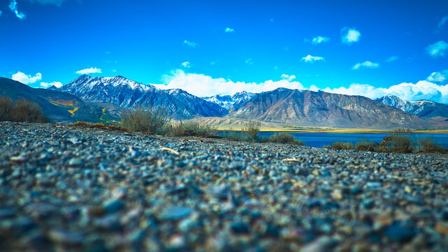 Ground Level Rocky Shore Brush and Snow Capped Mountain Range Eastern Sierra
