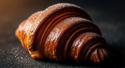 Freshly baked croissant on dark background with powdered sugar  