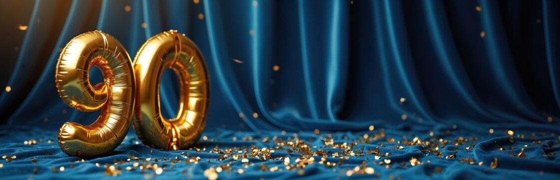 Golden balloons shape number ninety float above blue velvet fabric. Confetti scatters around, creating festive mood for birthday, anniversary or corporate event celebration.