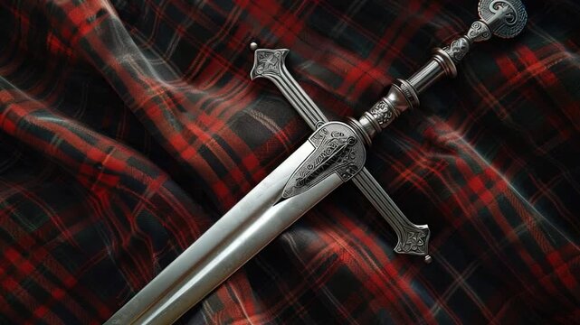 Video A sword lies on a red and black tartan cloth, ready for use