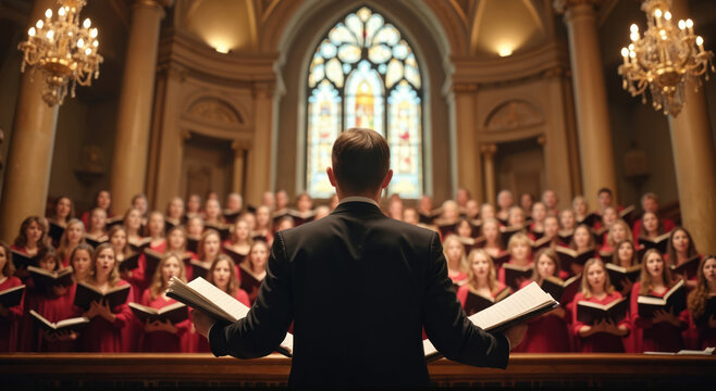 A choir director leads a large singing group in a church. Performers in red robes hold open books, singing to a conductor. A large stained glass window is visible behind them.