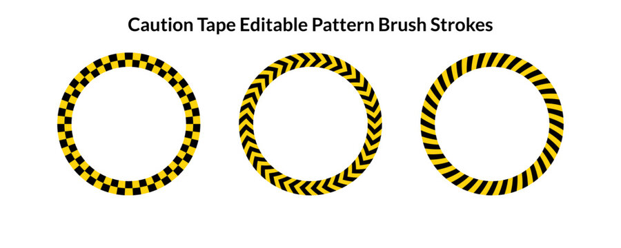 Yellow and Black Caution Tape Frame Set - Circular Industrial Danger Borders with Editable Pattern Brush Strokes
