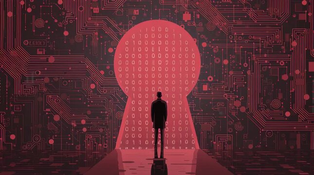 Data Privacy Day Concept &mdash; Silhouette of Person Standing in Keyhole with Rising Digital Numbers, Symbolizing Surveillance, Data Flow and Cybersecurity Awareness