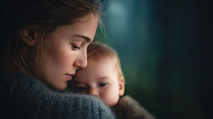 Mother holding baby close with serene expression, showing tender bond and warmth in soft natural light