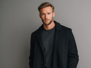 Adult man with beard wearing black coat and sweater posing confidently against gray background