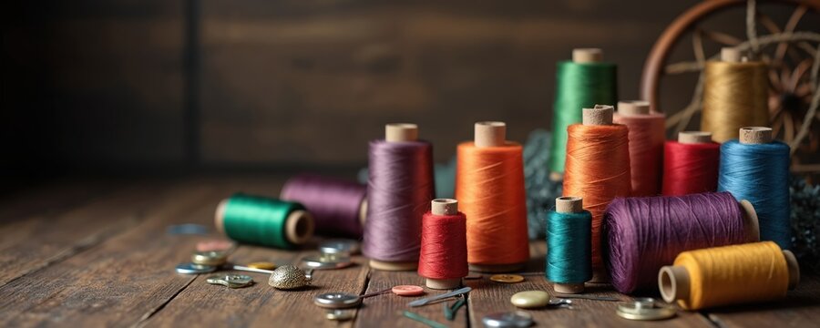 Colorful spools of thread and sewing notions arranged on a rustic wooden table. Various buttons and a thimble are scattered around the different sized bobbins and reels. - Powered by Adobe
