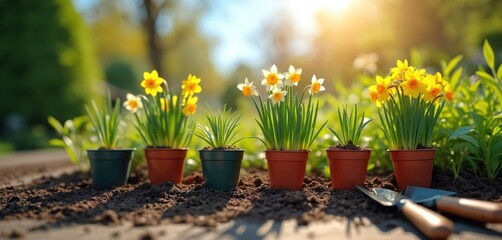 Daffodil plants in pots sit on soil with garden tools. Sunny day prompts outdoor planting, new growth. Seasonal activity begins in yard, fresh blooms.