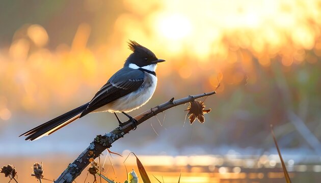 Elegant tyrant perched on a branch, basking in the warm glow of dawn