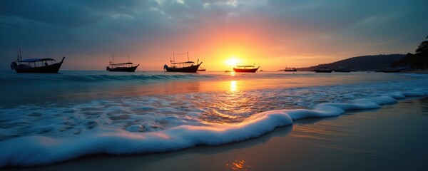 Boats float on calm sea waves near sandy beach at sunset. Golden sun reflects on water surface, creating peaceful ocean landscape. Orange sky hues mix with dusk light.