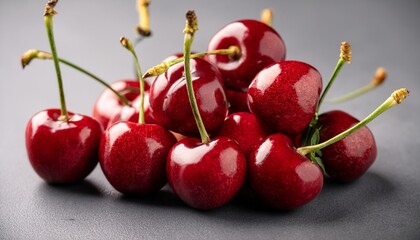 pile of fresh red cherries close up still life studio shot on gray surface rich color and detail healthy eating