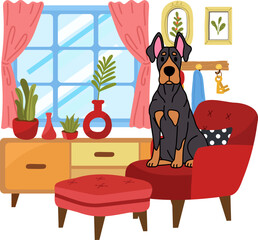 Doberman Pinscher dog is sitting on a red chair