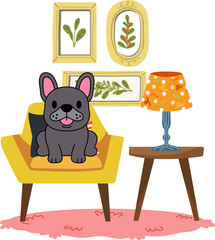 A pitbull dog is sitting on a yellow chair