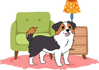 A Bernese Mountain dog is standing in front of a green couch