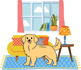 A Golden Retriever dog is standing in a living room