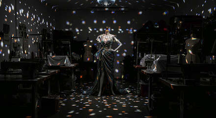 Elegant mannequin wearing black gown in fashion studio with lights  