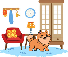 A Pomeranian dog is standing in a living room