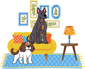 Two dogs are sitting on a couch in a living room