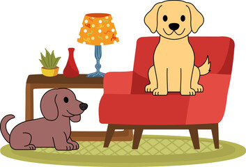 Two dogs are in a living room