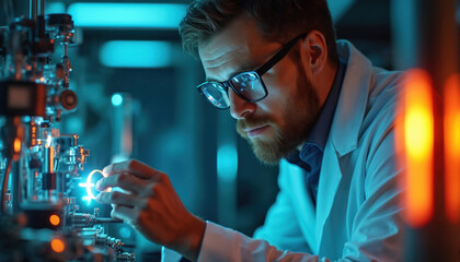 Scientist works in dark lab with glowing equipment. Man wears glasses and white coat, adjusts machine with hands. Futuristic tech research in progress, bright blue and orange lights.