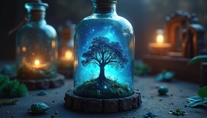 Tree of life in bottle with starry sky background. Mystical glowing ecosystem inside glass container with small plants and glowing particles on dark table.