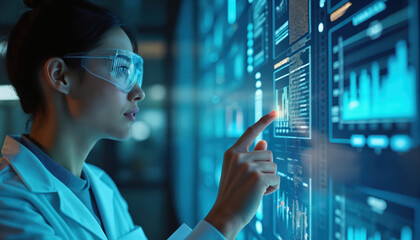 Focused scientist examines digital display with charts and data. Person touches screen with finger in lab environment. Future tech analysis science research on glowing interface.