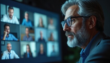 Man in glasses watches online meeting on computer screen with multiple participants. He concentrates on remote team discussion, planning business strategy for corporate growth and efficiency.
