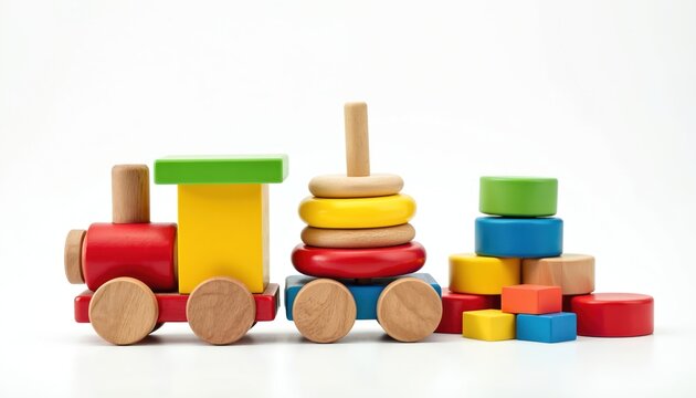 Brightly colored wooden toys including train, stacking rings arranged against clean white background. Objects represent learning, development for young children. Simple shapes like cubes, cylinders