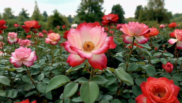 serene 4k slow motion view of beautiful eden pink rose swaying in wind showcasing red and pink layered petals perfect for natural background footage floral visuals romance mes and garden
