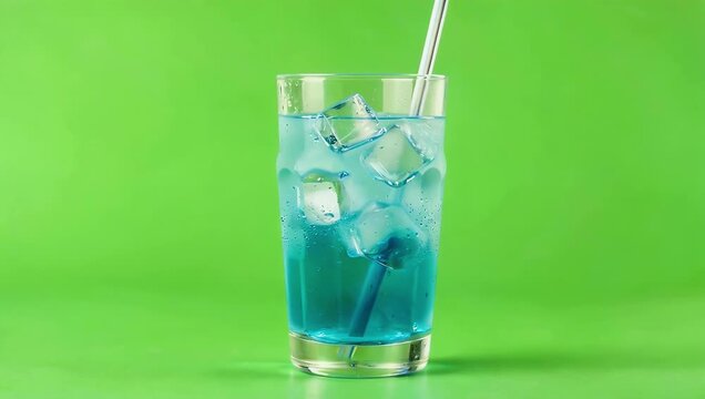 cool vibrant 4k footage of blue refreshing drink in transparent cup with straw set against bright green background ideal for beverage commercials summer mes and refreshing lifestyle