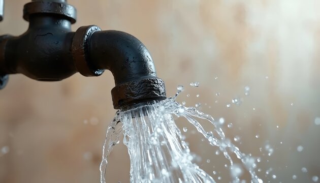 Water splashes from a dark metal pipe, indicating a leak or burst. This image conveys urgency for plumbing repair and maintenance needs. It is good for articles on home upkeep. - Powered by Adobe