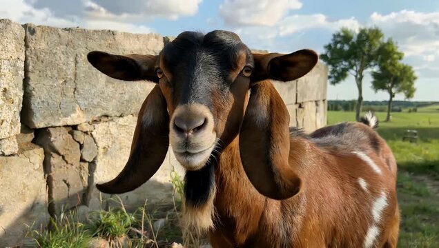 warm detailed 4k closeup shot of brown goat with expressive eyes and long ears staring directly at camera in outdoor setting beside wall perfect for farm life wildlife and nature related