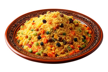 moroccan couscous with vegetables on a dark orange plate with colorful aromatic spices and fluffy texture