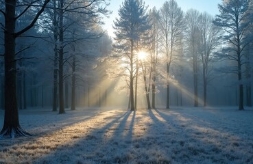 Obraz premium Sunbeams stream through frosty trees onto a winter field. Early morning light creates long shadows over icy grass. The cold natural landscape is serene and picturesque, showing nature in winter.