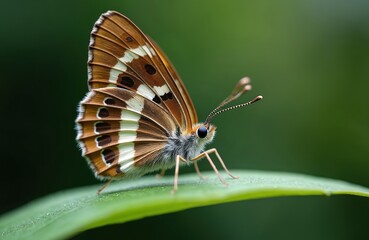 Obraz premium Brown and white butterfly rests on green leaf macro. Delicate intricate wing patterns, soft focus background. Insect in nature detail, beauty of wildlife, summer day closeup.