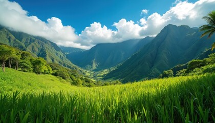 Obraz premium Lush green valley with towering mountains under a blue sky with white clouds. A field of tall grass occupies the foreground, leading towards a tropical landscape on Oahu.