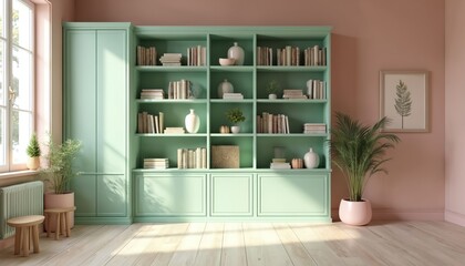 Fototapeta premium Mint green bookcase filled with books and decor stands near window with natural light. Pastel pink walls complement cozy room interior. Wooden floor adds warmth to space.