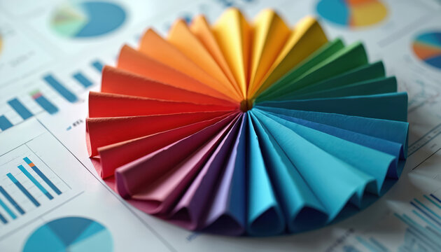 Colorful paper fan sits on financial charts and graphs. This represents business analysis and strategy planning. It shows data visualization and decision making. - Powered by Adobe