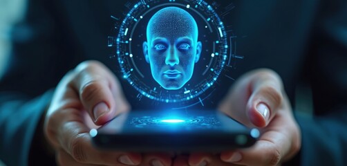 Person holds smartphone with holographic face scan. Digital identity verification via mobile device. Face recognition app for secure access and personal data protection.