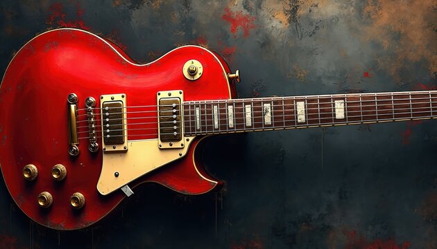 Red electric guitar with gold hardware rests against textured dark backdrop. Distressed finish suggests vintage style and rock music vibe. Close up shows details of strings, fretboard, and body.