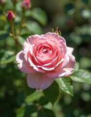 Single pink rose bloom opens with layered petals in garden setting. Green leaves, unfurled buds surround delicate flower. Soft sunlight illuminates petals, creating gentle shadows. Floral beauty