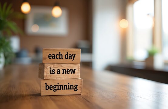Three wooden blocks stacked on table with text phrase each day is a new beginning. Positive affirmation for personal growth motivation and fresh starts. - Powered by Adobe