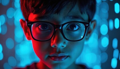 Young indian boy wearing glasses gazes ahead. Binary code pattern glows behind him in blue and red light. Represents cyber concept, tech future, or online security.