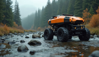 Orange all terrain robot vehicle drives through shallow forest stream. Rugged wheeled bot navigates rocky riverbed, searching in natural outdoor environment with pine trees.