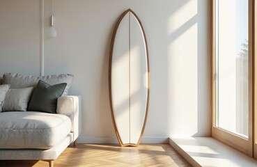 Modern living room with surfboard propped against wall. Light fills room from large window, casting shadows. Sofa with cushions provides comfy seating. Minimalist decor.