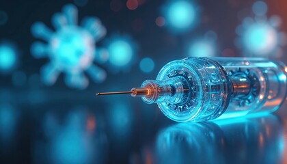 Futuristic syringe injects medical fluid, micro needle tip glows with power. Tiny virus particles float in background, representing disease or cure. Digital health tech concept.